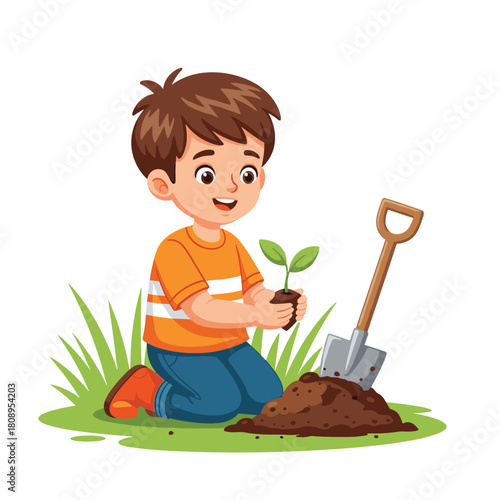 A young boy is happily planting a seedling in a garden.