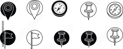 Collection of black and white map pin and time icons