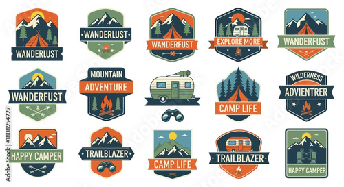 Adventure themed badges and emblems for camping, hiking, and nature exploration