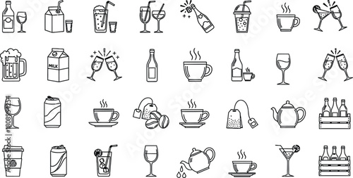 Collection of hand drawn beverage icons in black and white