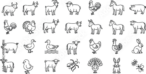 Monochrome collection of farm animals in a vintage style