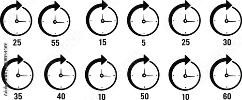 Clockwise rotation of analog clocks showing different times of the hour