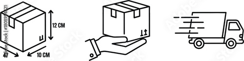 Delivery process illustration showing box dimensions hand and delivery truck