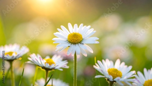 Field of white daisies with bright yellow centers under a warm, sunny backlight creating a soft, dreamy effect