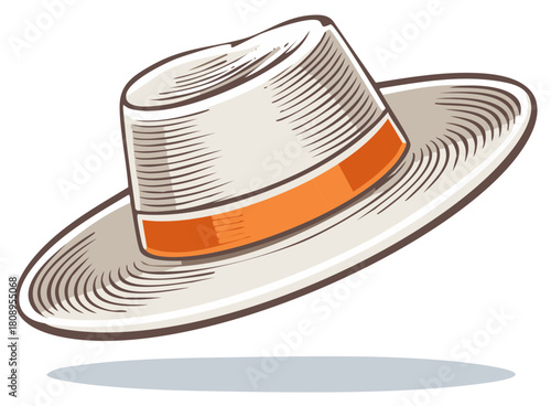 Classic straw fedora hat with orange band, detailed vintage illustration