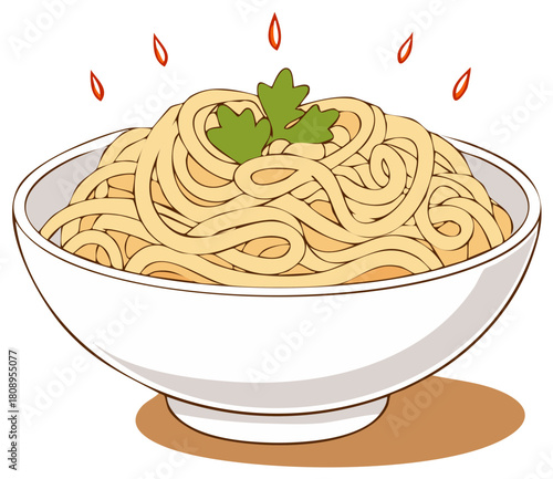 Steaming Bowl of Delicious Noodles Garnished with Parsley and Chili Drops