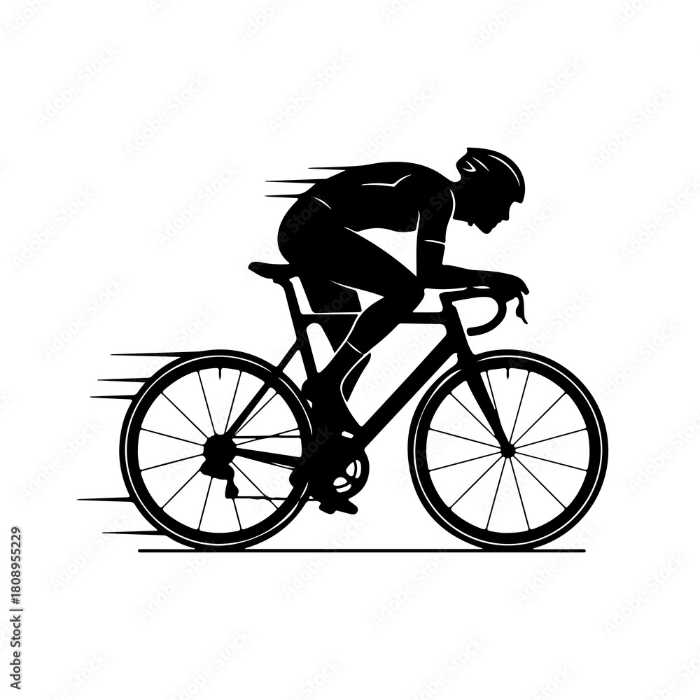 Fototapeta premium Silhouette of a road cyclist in time trial position black with motion speed lines.