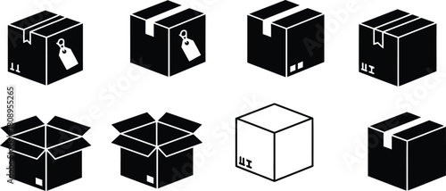Isometric cardboard boxes closed open and with tags in black
