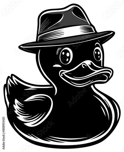 Cartoon rubber duck wearing fedora hat cartoon illustration