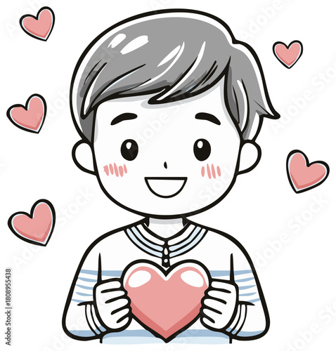 Happy cartoon boy holding a heart symbol surrounded by pink love hearts with a cheerful smile