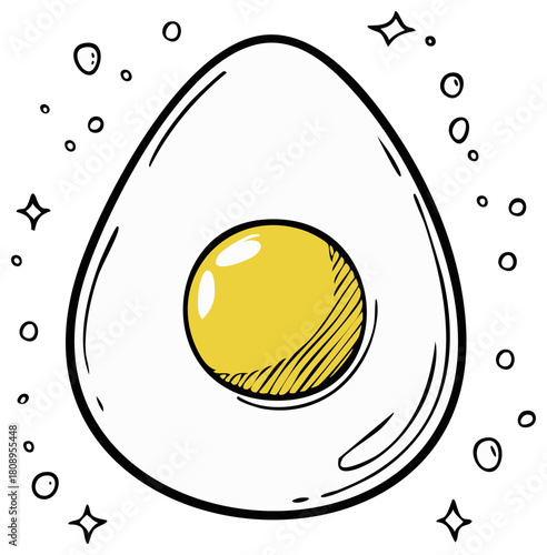 Hand Drawn Egg Yolk Food Illustration with Bubbles and Stars Outline