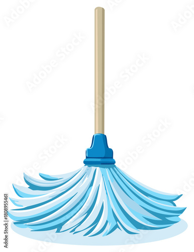 Cleaning tool with a wooden handle and fluffy blue strands for floor mopping