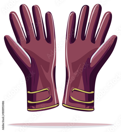 Illustration of two burgundy gloves with yellow accents against a white background