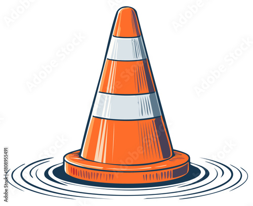 Orange traffic cone with reflective bands standing in rippling water