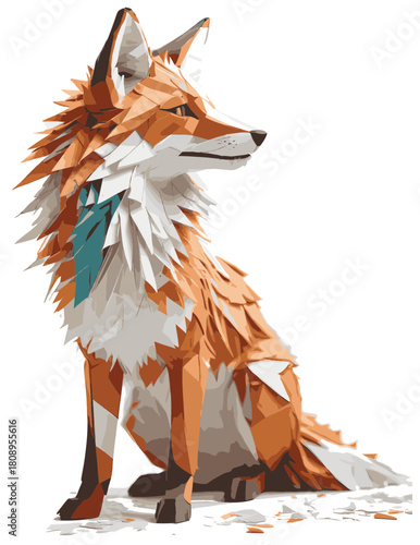  A vibrant geometric paper fox sculpture fashioned from layered triangles. Rich orange, white, and teal hues create a playful yet refined decorative piece suitable for living rooms