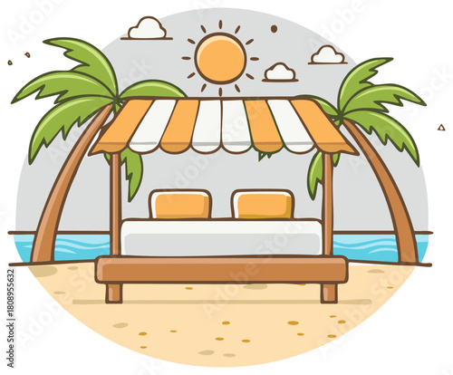 Tropical beach scene with a relaxing daybed cabana under palm trees