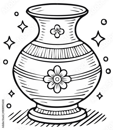 Line art drawing of a detailed vintage vase with floral design and sparkle