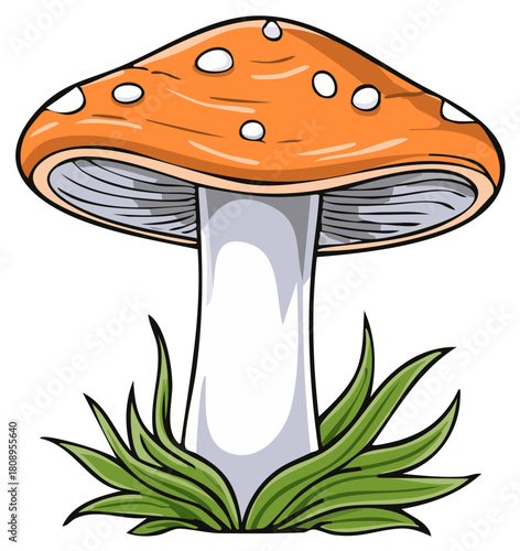 Cartoon mushroom with orange cap and white spots, green grass