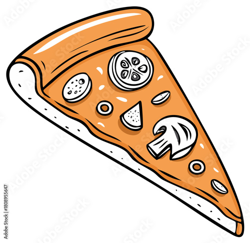 Cartoon Pizza Slice with Mushrooms, Tomatoes, and Pepperoni, Vector Illustration