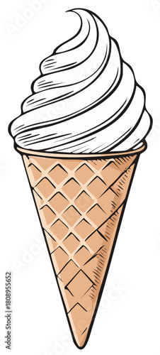 Swirled vanilla soft serve ice cream in a crispy waffle cone cartoon illustration