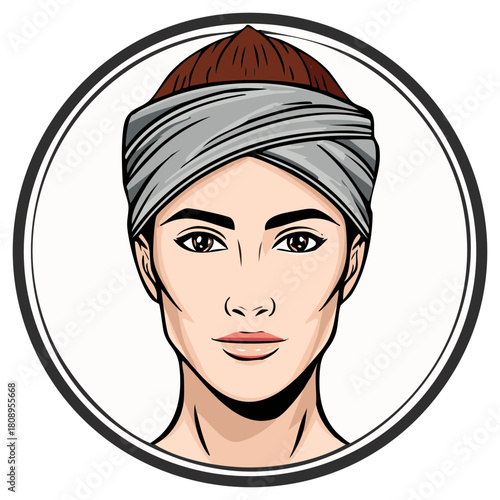 Woman Portrait Art with Head Wrap in Circle, Fashionable Ethnic Avatar Character Design