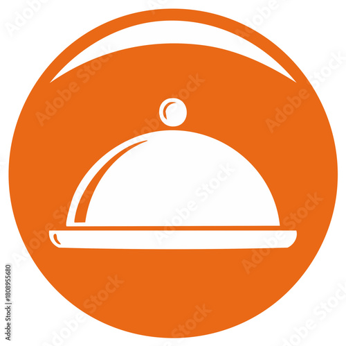 Restaurant platter icon on orange circle, graphic food service symbol with dish and lid, simple catering design element