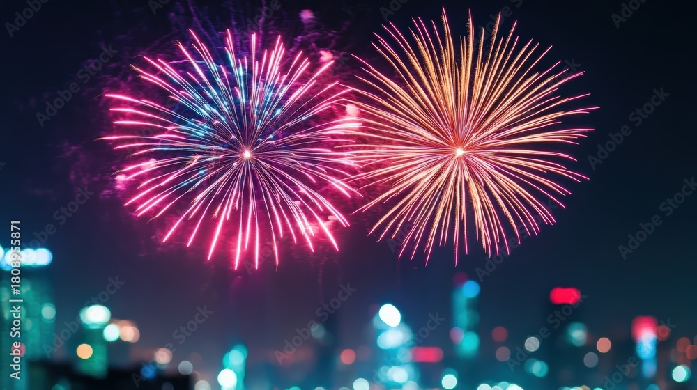 Naklejka premium Vibrant fireworks bursting in the dark night sky above a cityscape, creating a festive atmosphere with glowing bokeh