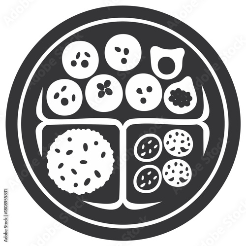 Indian Thali Plate Vector Graphic: Variety of Food in Sections on a Black Plate, Rice, Sweets