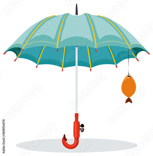 Humorous Blue Umbrella Hooking a Fishy Prize, Playful, Whimsical Vector Illustration