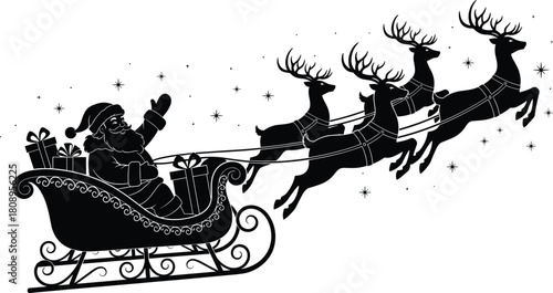 Santa Claus sleigh silhouette with flying reindeer, Christmas holiday vector illustration, festive winter scene for decoration, celebration, and seasonal design