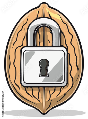 Padlock securely protecting a detailed walnut shell symbolizing safety and security in a concise design