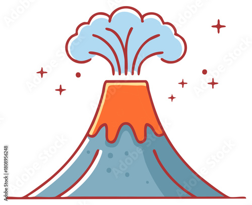 Cartoon volcano erupting smoke and ash, with sparkling stars and a red crater.