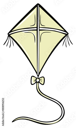 Simple hand drawn illustration of a yellow diamond kite with a decorative bow and tail