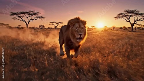 A male lion runs through a savannah at sunset with trees and grass in the background, conveying a powerful and serene mood.