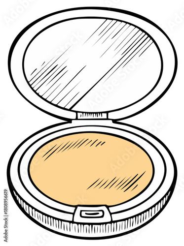 Hand drawn vector illustration of an open makeup powder compact with mirror.