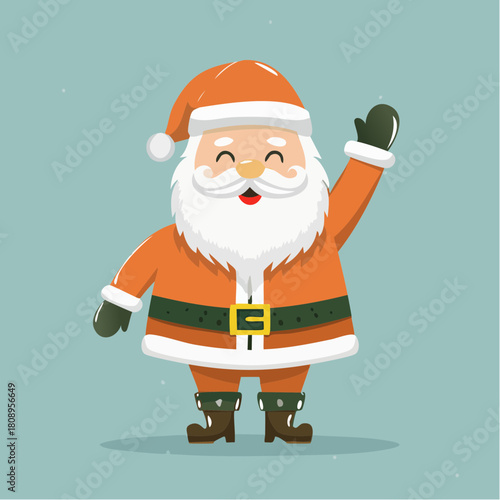 A jolly cartoon character with a white beard, dressed in an orange winter suit and hat, waving cheerfully to celebrate the Christmas holiday season