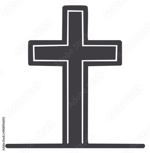 Classic Christian cross icon in a dark gray tone with a prominent white outline symbolizing faith hope and worship