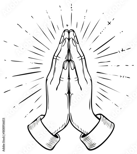 Spiritual Line Art Illustration of Praying Hands with Radiating Light