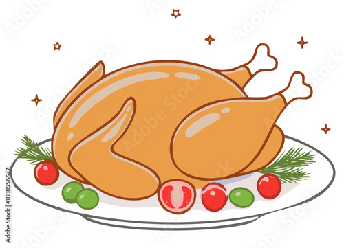 Roasted Holiday Turkey on Platter with Vegetables and Sprigs Celebrating Thanksgiving and Holiday Season