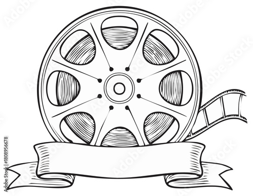 Vintage Film Reel with Blank Banner Ribbon Hand Drawn Cinema Illustration