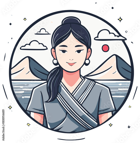 Girl in traditional clothes with mountains, clouds and rising sun landscape in a circular frame