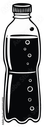 Bottle of Refreshing Dark Soda with Bubbles in Black and White for Summer Thirst Quenching