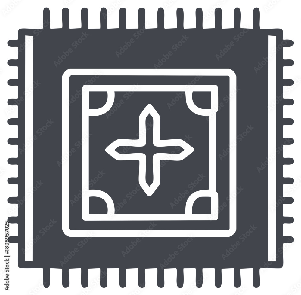 Obraz premium Stylized Microchip Icon with Central Cross Symbol and Border Pins
