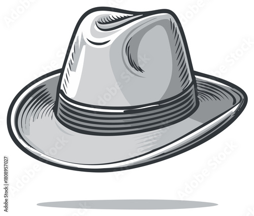 Classic fedora hat drawing in grayscale with a bold band and wide brim