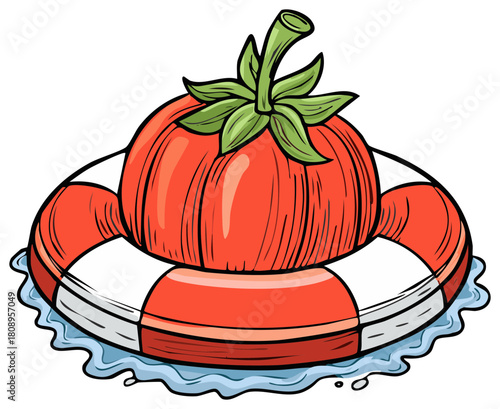 Cartoon tomato floating in a life preserver with splashing water