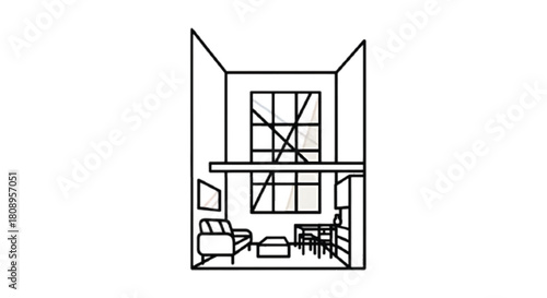 Minimalist loft interior with large windows, desk, and sofa