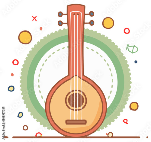 Whimsical banjo illustration with decorative elements and musical instrument, hand drawn style