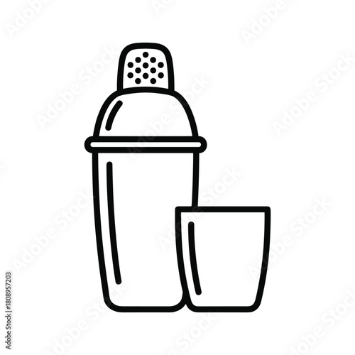 Outline illustration of a cocktail shaker and a jigger, essential tools for mixing drinks and bartending
