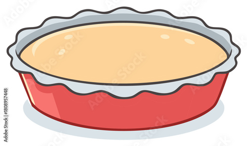 Cartoon illustration of a freshly baked pie in a decorative red baking dish