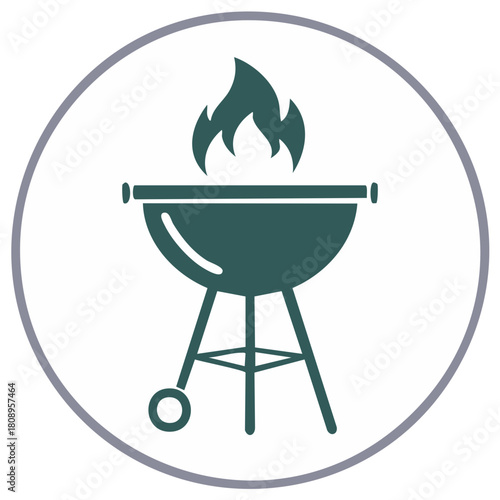 Green barbecue grill icon with flames inside a circular border